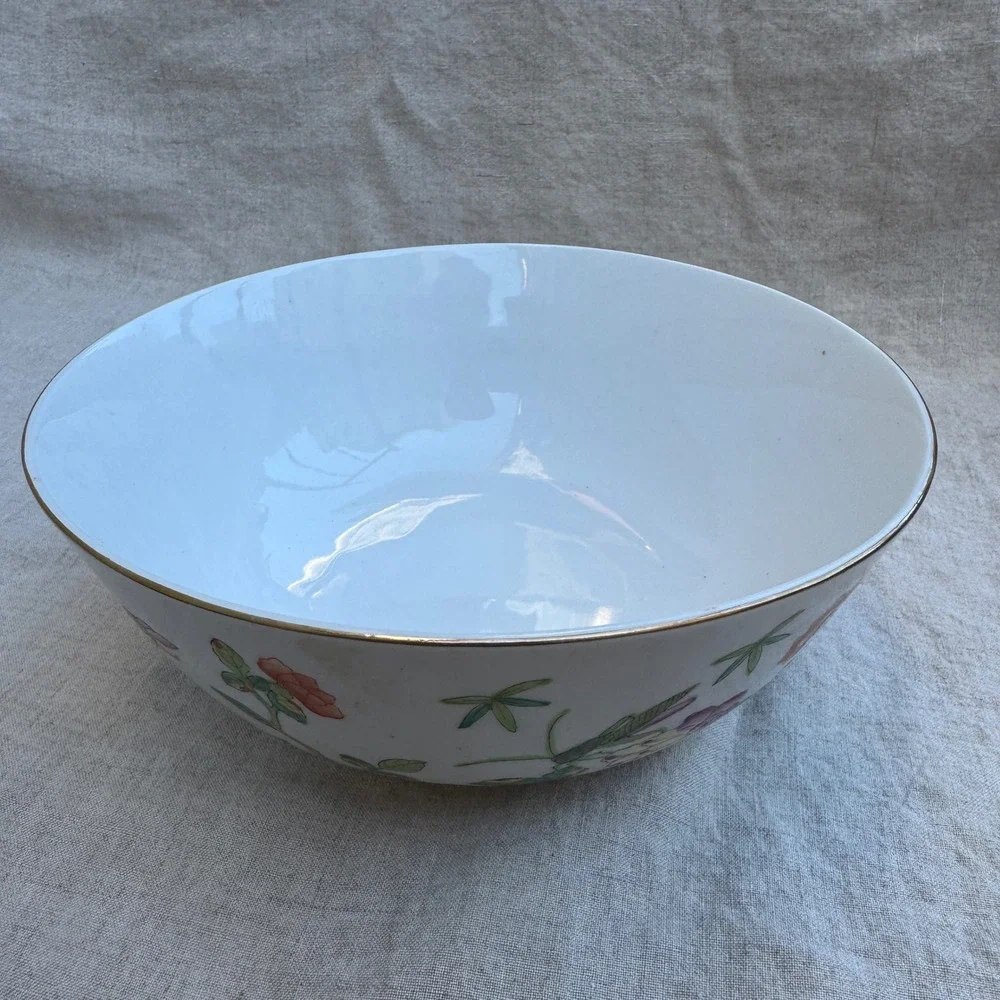 Vintage 70s Hong Kong Porcelain Bowl 60s Famille Rose Grasshopper Floral 9in